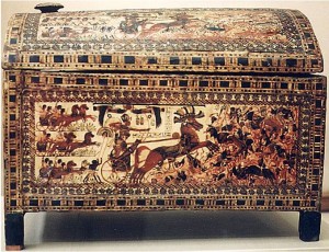 Painted chest found in Tut's tomb covered in chariot scenes