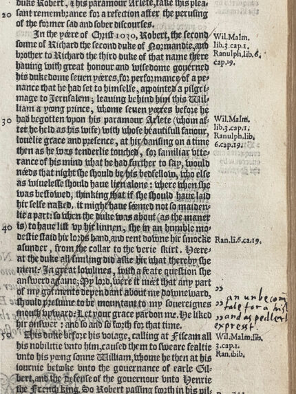 John Milton censors Raphael Holinshed's lewd anecdote about the mother of William the Conqueror, Arlete. Milton crosses the passage out with a diagonal line and adds a note saying: "an unbecom[ing] / tale for a hist[ory] / and as pedlerl[y] / expresst". Photo courtesy the Phoenix Public Library.